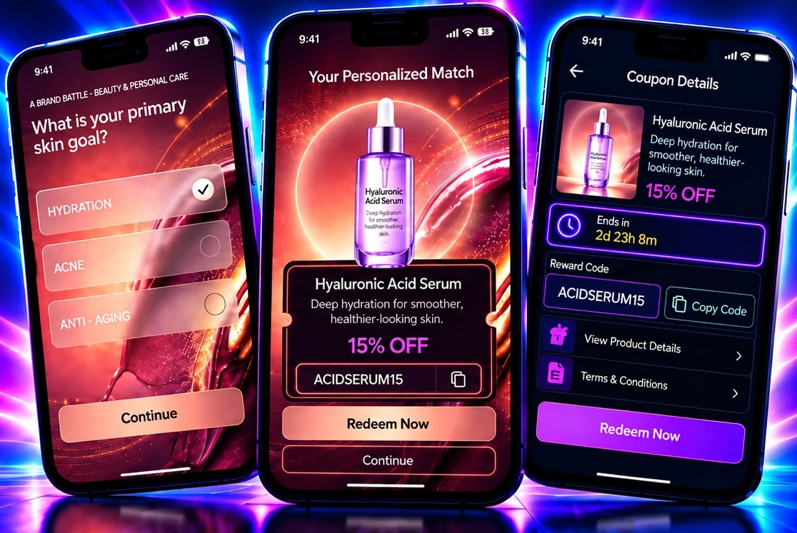 Brand Battles quiz, personalized match, and coupon screens